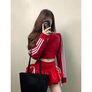 韩版时尚休闲风卫衣套装红色条纹拉链短款外套系带蝴蝶蓬蓬裙套装