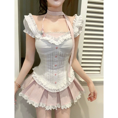 甜美学院风少女感粉色裙子两件套