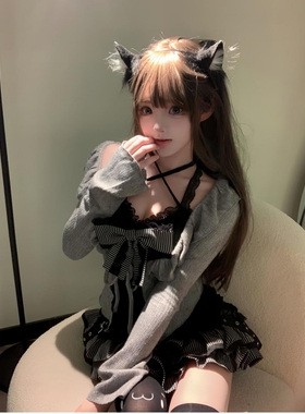 学院风jk制服套装女秋季黑色蕾丝吊带灰色针织开衫蛋糕裙三件套裙