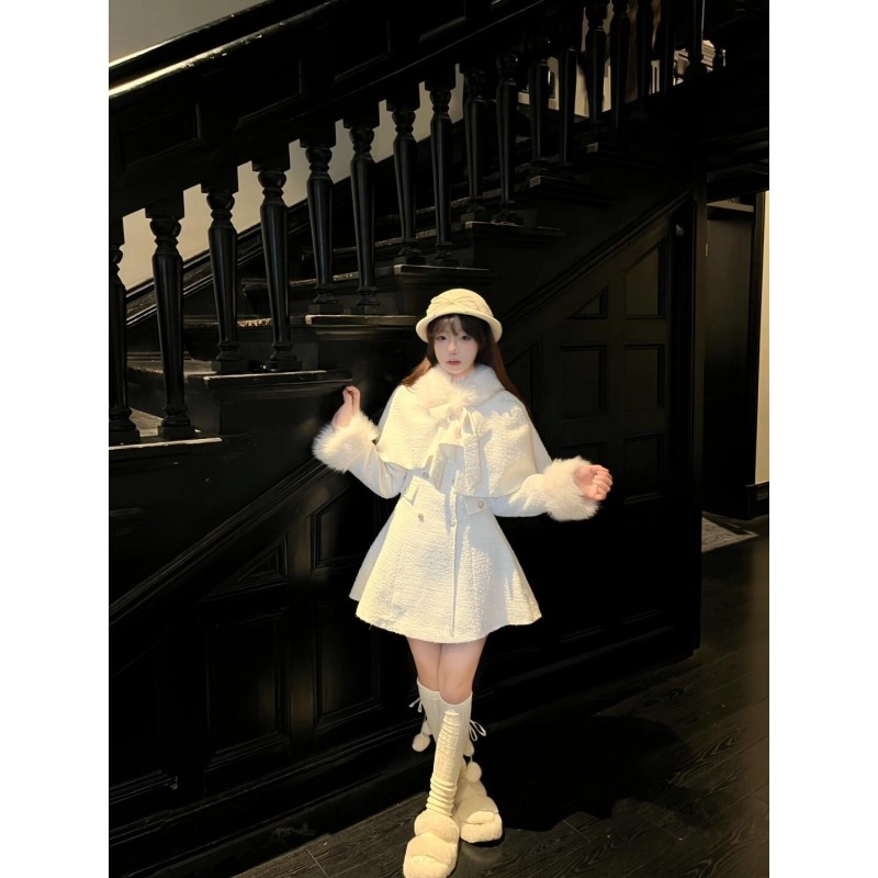 初冬甜美千金小姐小香风白色披肩斗篷外套收腰连衣裙气质两件套裙