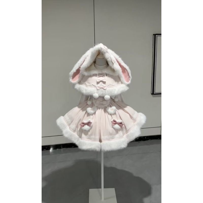 甜美风少女感粉色毛茸茸兔耳朵斗篷外套吊带蓬蓬裙洛丽塔三件套,女装/女士精品,时尚套装,淘宝优惠券,粉丝福利购,淘宝优惠卷