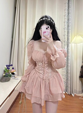 法式chic甜辣公主裙粉色泡泡袖蕾丝花边方口领雪纺收腰蓬蓬连衣裙