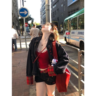 百搭套装 设计感小众牛仔短裤 复古格子拼接牛仔外套女春夏新款 美式