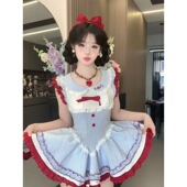 夏季 迪士尼穿搭小裙子拼接蓝色格纹小飞袖 蝴蝶结收腰巨好看连衣裙