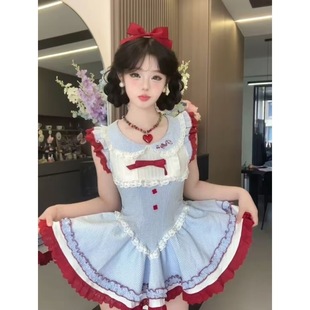 夏季迪士尼穿搭小裙子拼接蓝色格纹小飞袖蝴蝶结收腰巨好看连衣裙