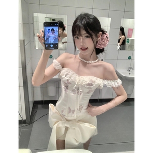 上衣蝴蝶结半身裙套装 高级感一字肩花边修身 纯欲性感精致套装 法式