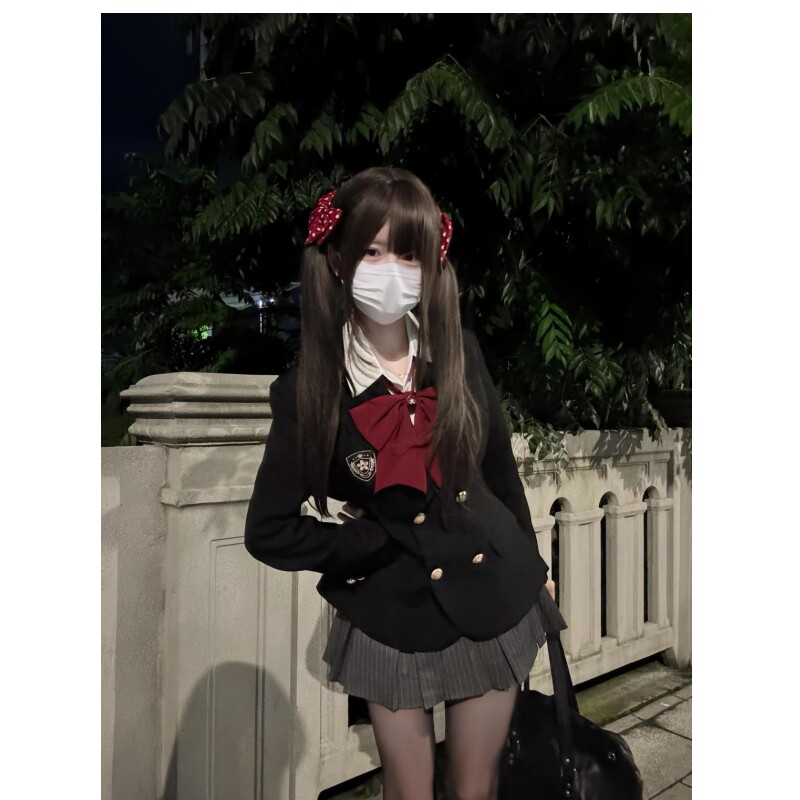 日系学院风jk制服套装女秋季双排扣收腰西装外套灰色百褶裙两件套