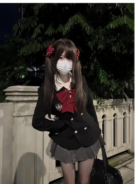 日系学院风jk制服套装女秋季双排扣收腰西装外套灰色百褶裙两件套
