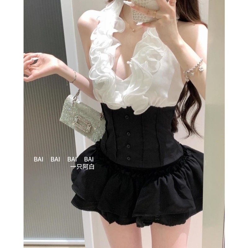 2025夏季新款甜美气质纯欲套装设计感挂脖上衣高腰蓬蓬短裙两件套,女装/女士精品,时尚套装,淘宝优惠券,粉丝福利购,淘宝优惠卷