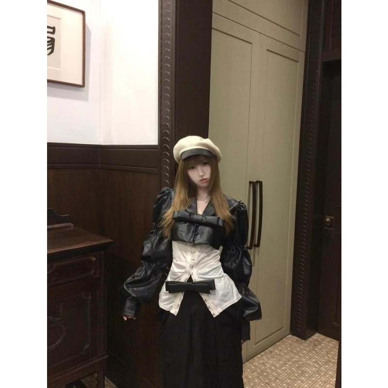 哥特风少女长袖设计感衬衣短款辣妹皮衣外套双层半身长裙两件套裙,女装/女士精品,时尚套装,淘宝优惠券,粉丝福利购,淘宝优惠卷