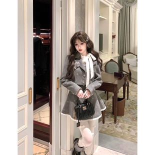 法式 千金感精致贵气小香风毛呢外套拼接蕾丝背心假两件连衣裙套装