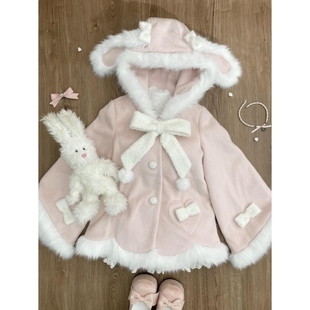 冬季可爱软妹粉色少女感加厚保暖毛呢外套兔耳朵宽松蝴蝶结外套女