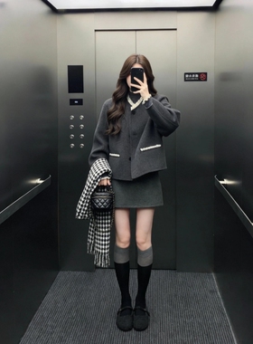 千金风灰色撞色拼接套装女秋冬新款小个子高级感外套A字半身裙