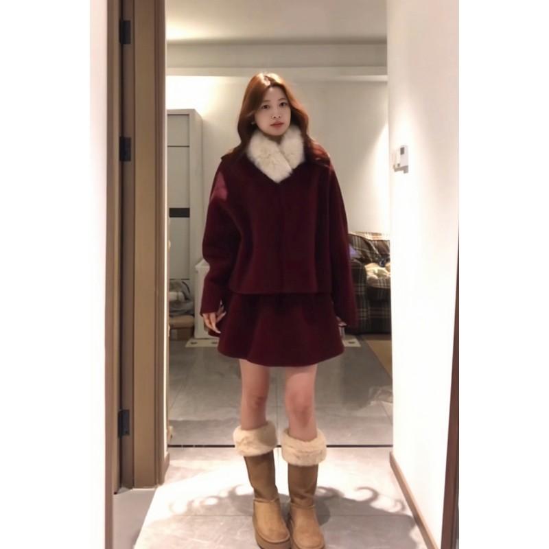 2026新款新年战袍红色毛呢套装裙女秋冬小香风千金感收腰短裙套装,女装/女士精品,时尚套装,淘宝优惠券,粉丝福利购,淘宝优惠卷