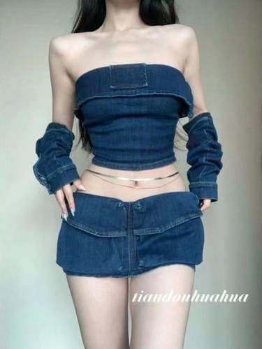 牛仔2023夏季抹胸性感辣妹三件套