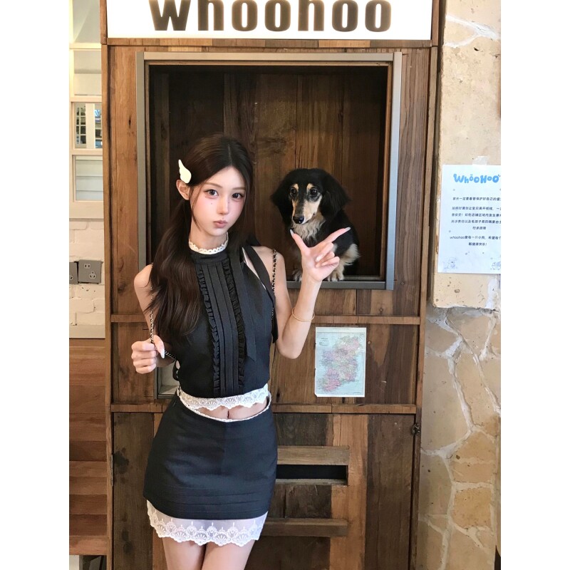 韩系chic时尚纯欲风超好看灰色木耳边无袖上衣拼接花边包臀裙套装