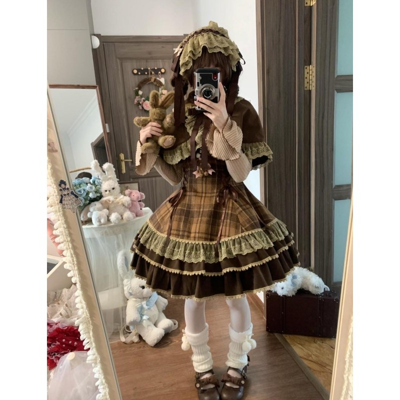 可爱洛丽塔风复古格纹三件套女秋冬斗篷蕾丝花边蛋糕蓬蓬裙套装,女装/女士精品,时尚套装,淘宝优惠券,粉丝福利购,淘宝优惠卷