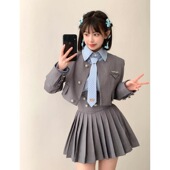 裙女秋季 jk制服套装 2024灰色西服外套衬衣百褶裙三件 学院西装 美式