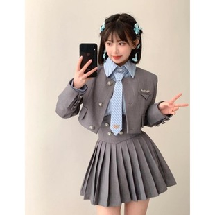 裙女秋季 jk制服套装 2024灰色西服外套衬衣百褶裙三件 学院西装 美式