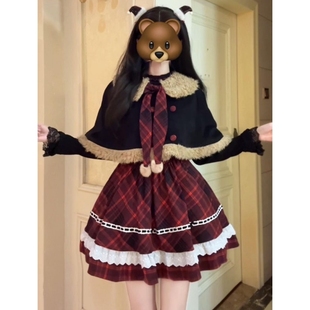 冬日少女感洋装 Lolita裙圣诞节毛绒外套拼接红色假两件格纹连衣裙