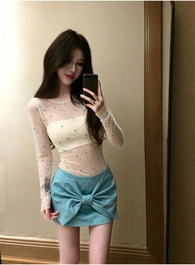 纯欲风辣妹性感罩衫蓝色波点海边度假风防晒上衣蝴蝶结包臀裙套装
