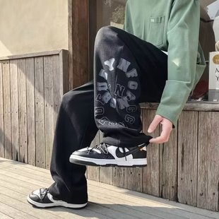 加绒休闲裤 手工编织抽绳卫裤 潮流秋季 阔腿裤 子 男宽松直筒ins大码