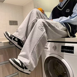 潮流宽松直筒加绒加肥阔腿卫裤 男胖子秋冬季 高街抽绳休闲裤 加大码