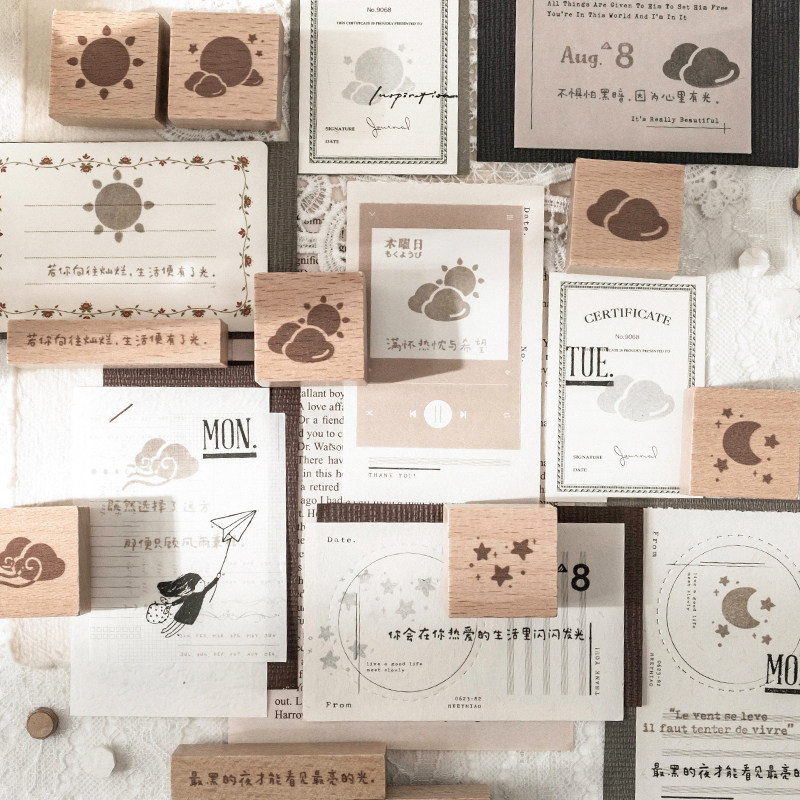 向阳而生原创手绘天气文字基础组合印章手帐基础木质diy素材印画