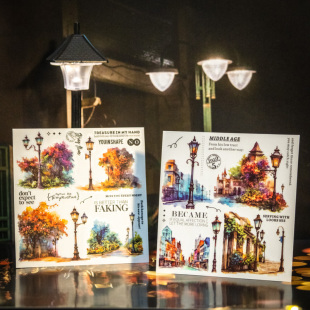 灯火阑珊的他乡转印贴纸复古人物房子手账装饰拼贴画灯饰diy手帐
