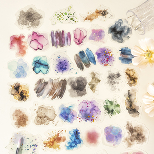 100张叠彩水彩元素大份量PET贴纸模切手账拼贴打底素材贴画ins风