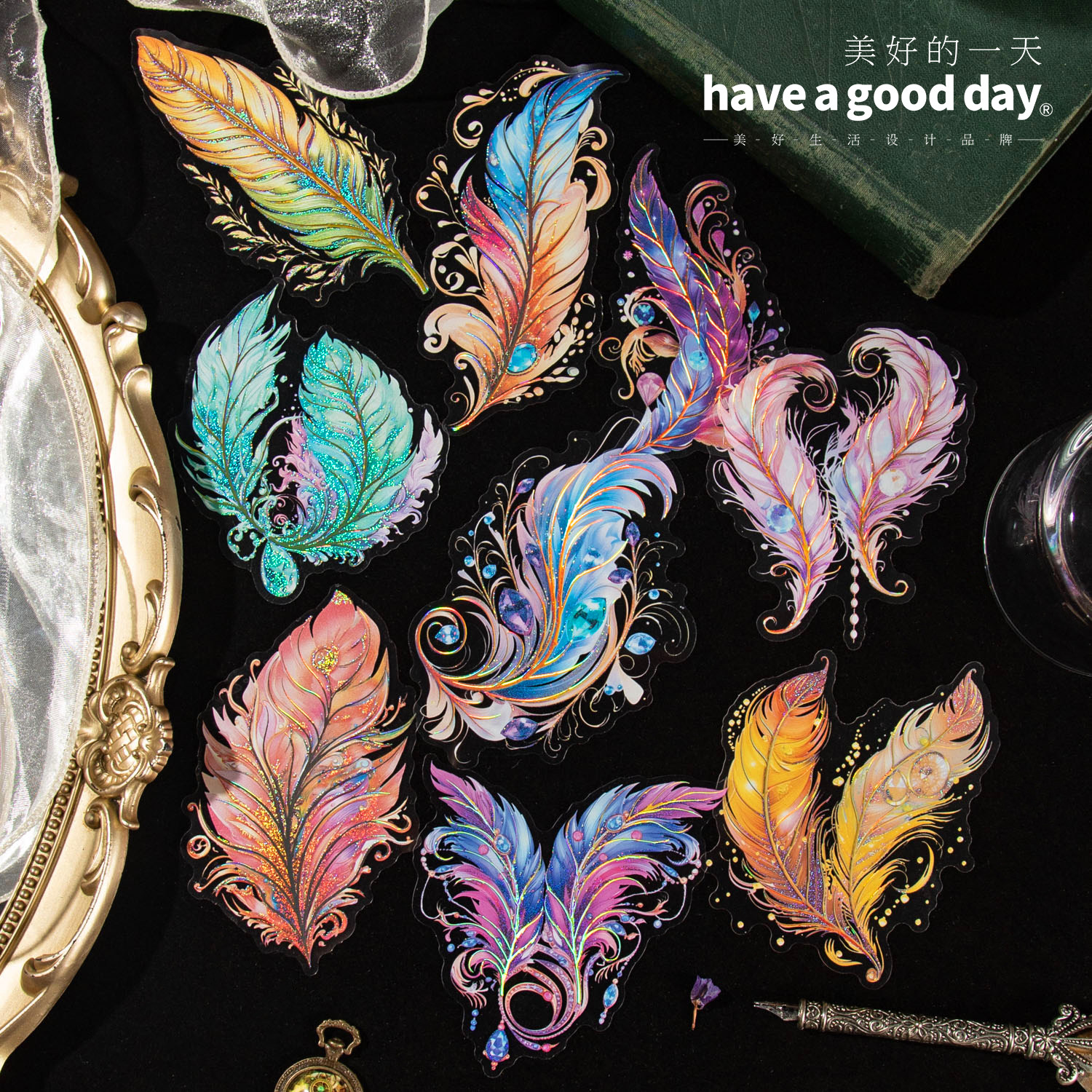 天使之羽贴纸羽毛拼贴画复古pet防水手帐装饰贴diy基础背景造景贴