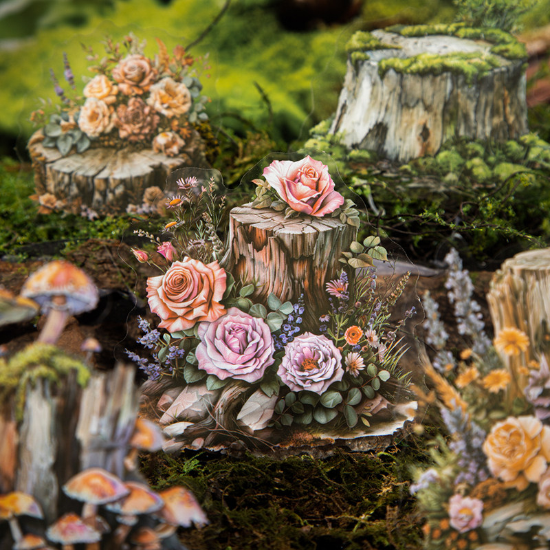 树桩一角PET模切贴纸复古花卉