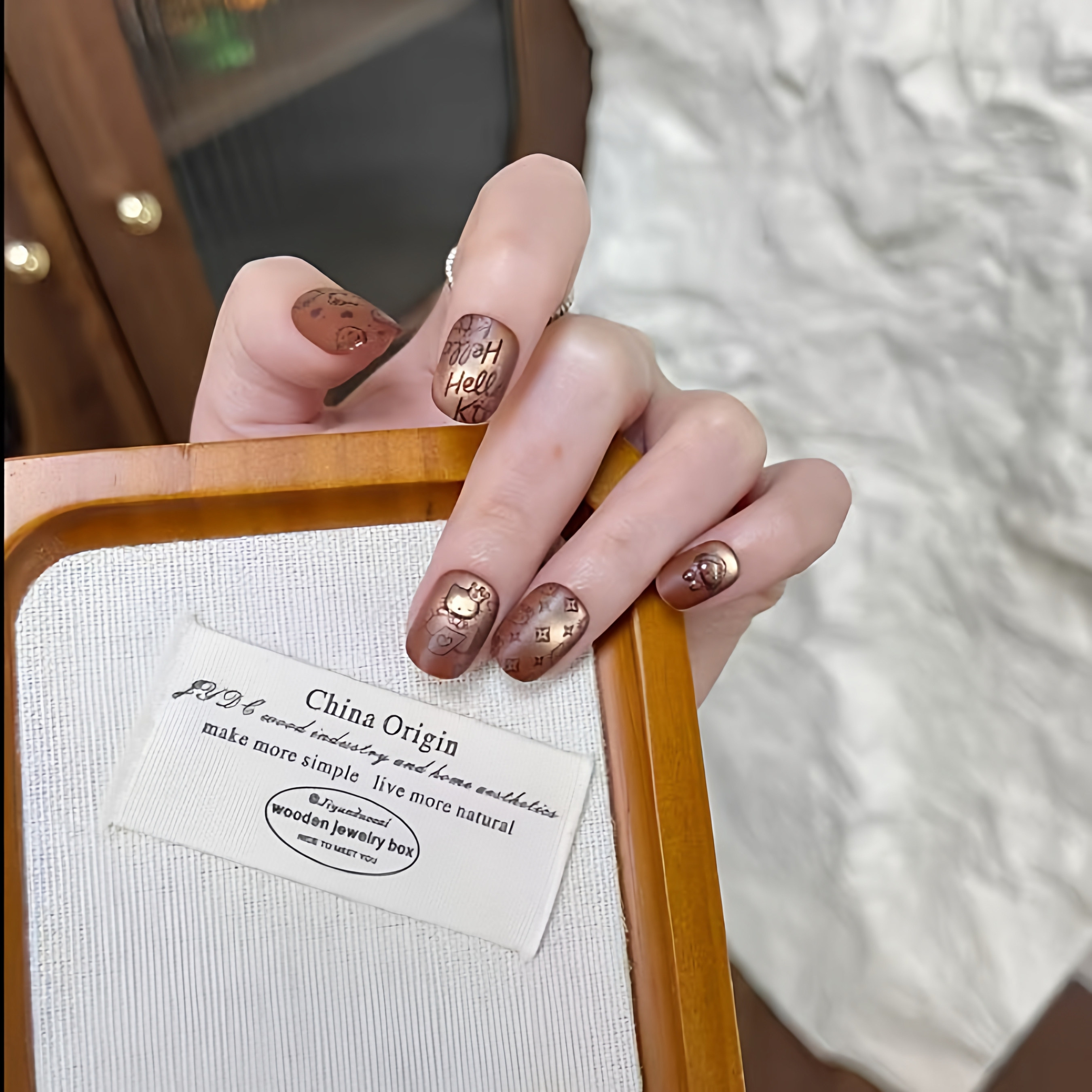 【磨砂咖啡KT猫】新款纯手工穿戴甲可爱猫眼手绘猫咪可拆卸美甲