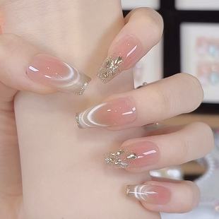 【塞纳黄昏】裸色猫眼带钻日常短款穿戴甲INS风短甲气质温柔美甲