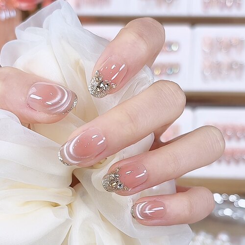 【鎏金碎钻】裸色温柔法式猫眼手工穿戴甲爆闪显白高级感美甲贴片