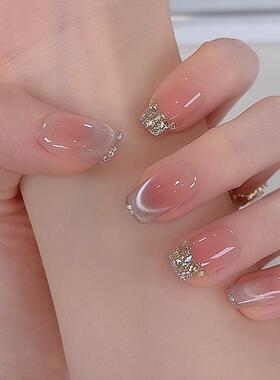 【鎏金碎钻】裸色温柔法式猫眼手工穿戴甲爆闪显白高级感美甲贴片