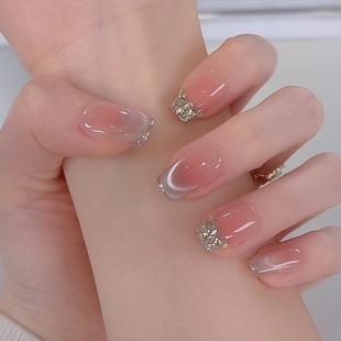 猫眼手工穿戴甲爆闪显白高级感美甲贴片 裸色温柔法式 鎏金碎钻