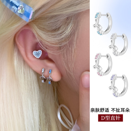 蝴蝶结锆石耳环D型直针独特漂亮耳钉精致耳骨钉耳圈耳扣耳饰女