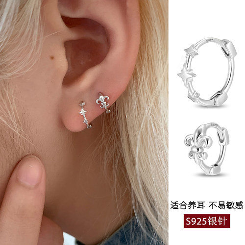 不对称鸢尾花耳钉女小众设计独特耳环纯银针轻奢小耳圈双耳洞耳饰