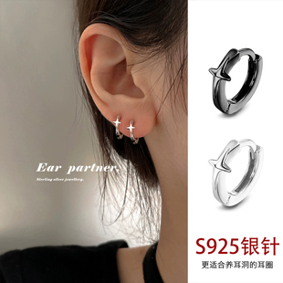925银针耳环养耳洞耳圈睡觉免摘耳钉女高级感黑色耳扣耳骨耳饰男