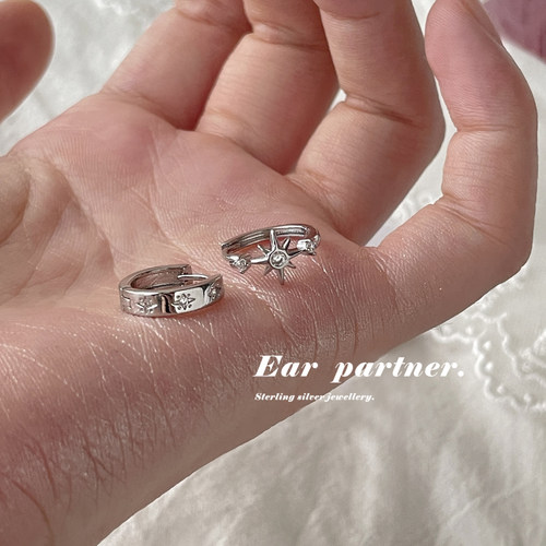 不对称六芒星酷帅耳圈小众设计轻奢双耳洞耳环女925银针耳饰耳钉