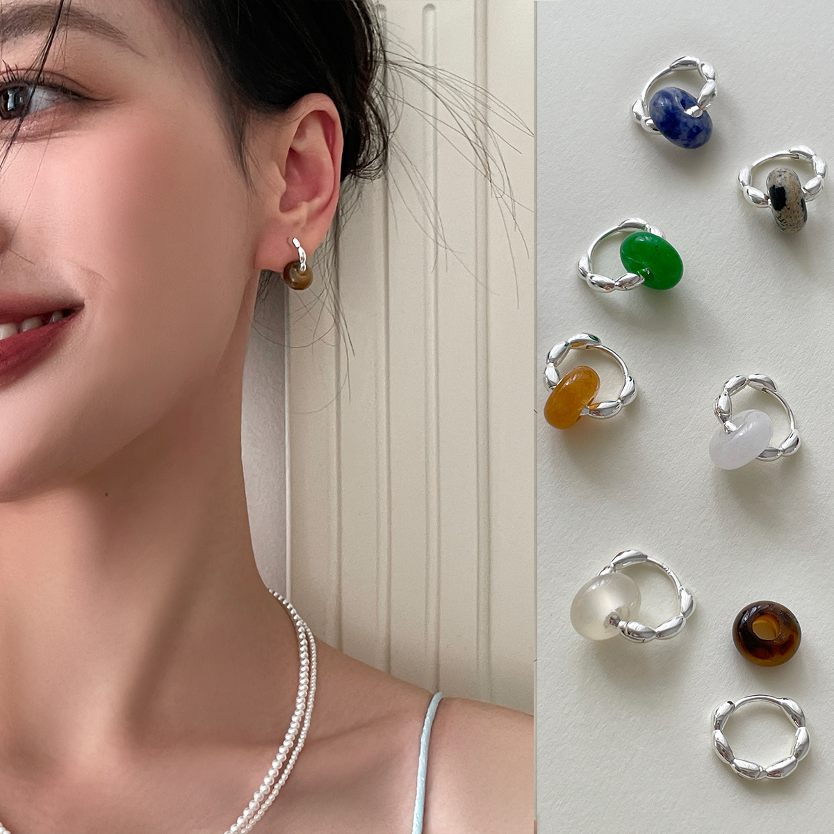 天然玛瑙吊坠耳环2025新款爆款高级感圆圈耳扣耳钉女纯银针耳饰夏