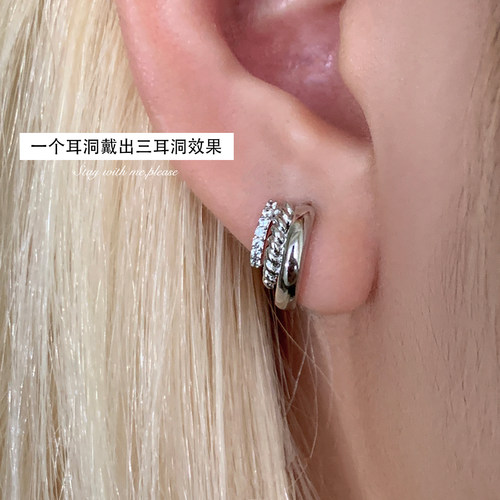 假三件锆石圈圈耳环女轻奢小众设计高级感耳扣气质纯银针耳钉耳饰