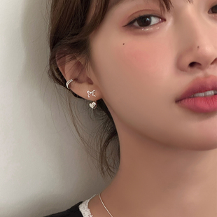 爱心后挂式耳钉女小众设计高级感耳环纯银针耳坠蝴蝶结耳饰耳夹