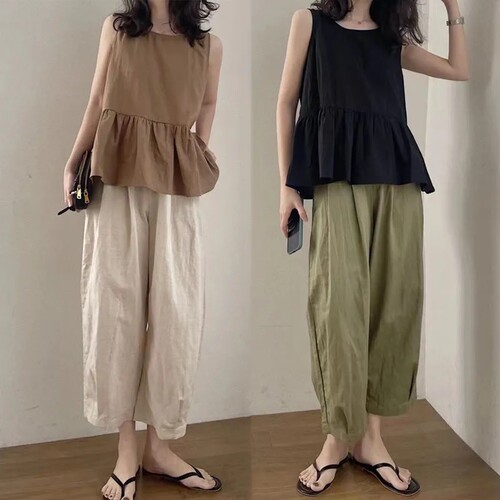 棉麻两件套背心宽松休闲九分裤潮
