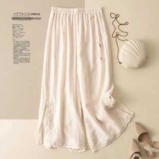 松紧文艺休闲宽松裙裤 复古九分国风刺绣棉麻新款 薄款 女夏季 阔腿裤