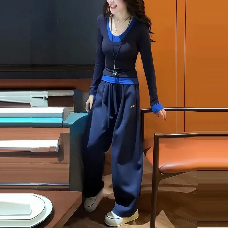 拼色假两件长袖T恤休闲裤套装女