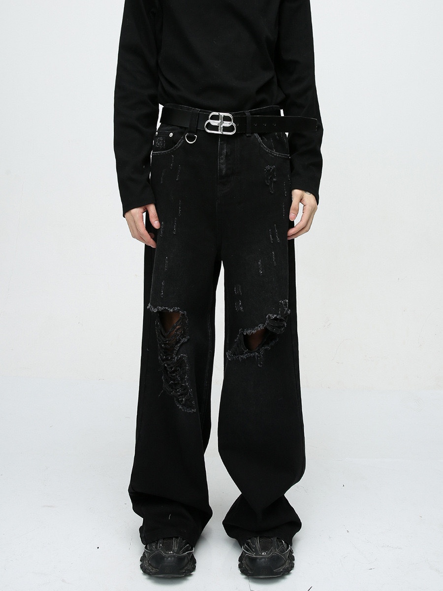 2023四季款新品 潮牌宽松直筒阔腿毛边设计感牛仔裤男