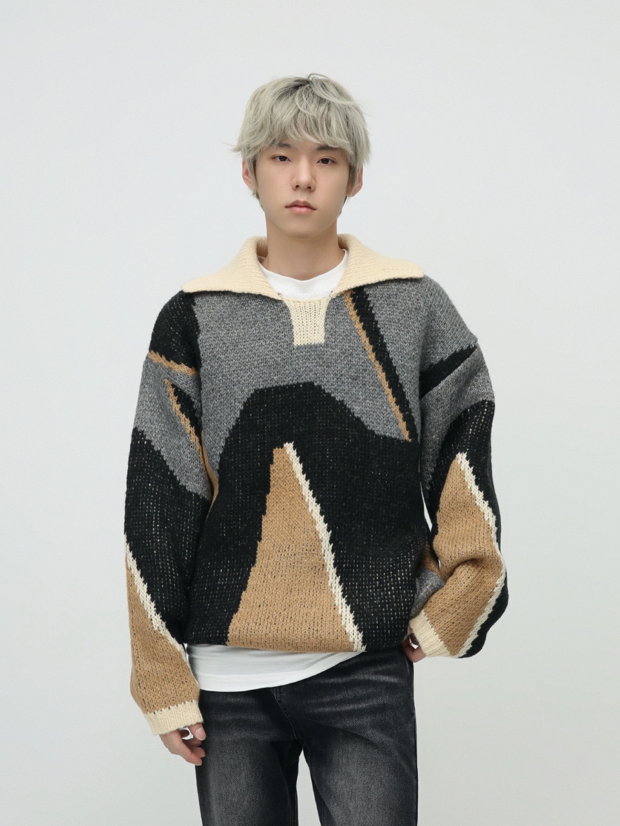 2023秋冬款新品 复古抽象花纹设计感翻领针织毛衣