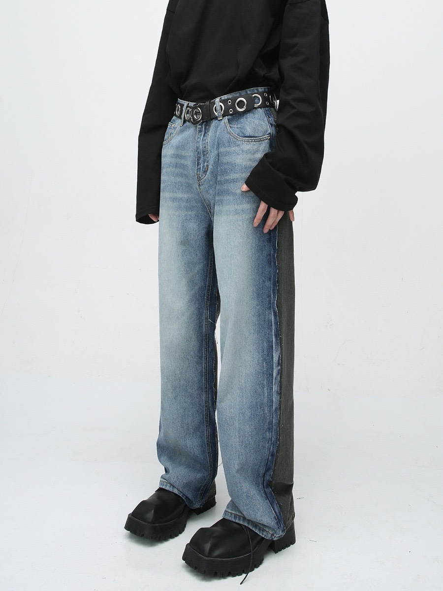 2023四季款新品 复古宽松直筒蓝灰拼接休闲牛仔裤